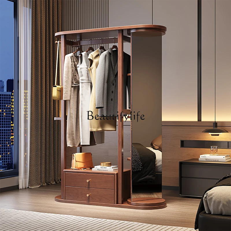 

Solid Wood Hanger Floor Bedroom Wardrobe Dressing Mirror Integrated Indoor Storage Shelf