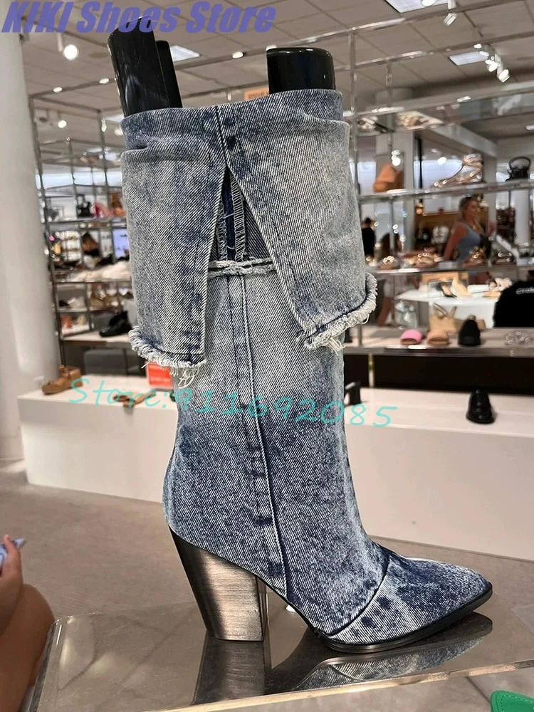 

Retro tassel denim mid-tube boots high-heeled boots women's new slim boots but knee sleeve fashion boots