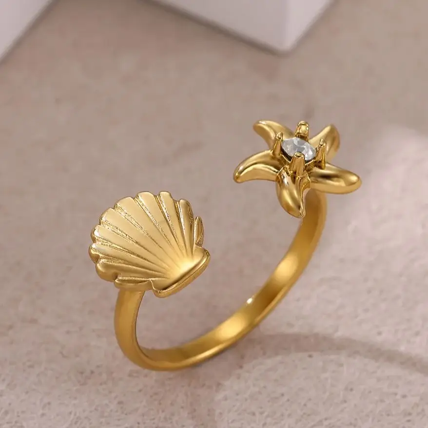 Zircon Shell Starfish Rings for Women Gold Color Stainless Steel