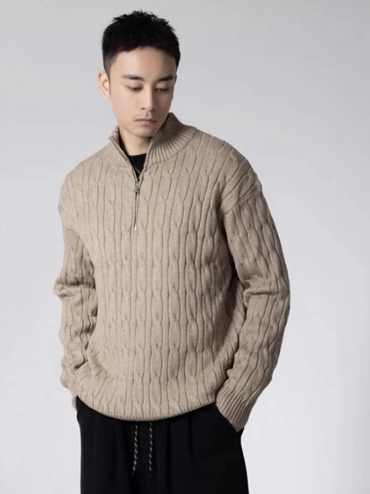 Vintage Mens Winter Zipper Turtleneck Sweater Jumpers Solid Colors Long Sleeve Knitted Pullover Tops Casual Streetwear Sweaters