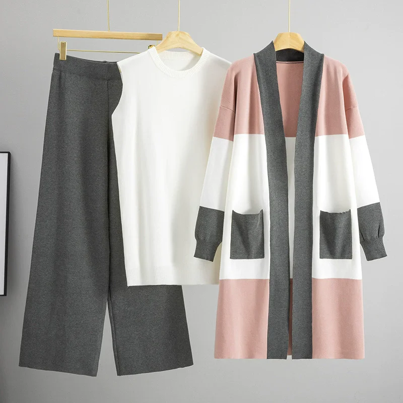 الكورية تصميم محبوك 3 قطعة مجموعات النساء سترة بيض...