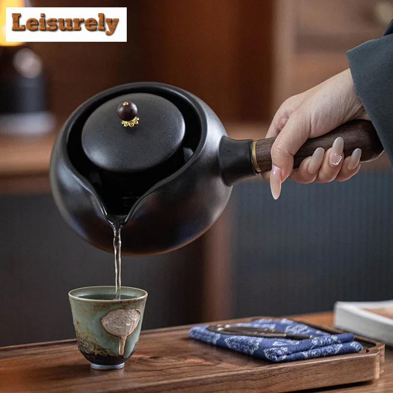 700ML Handmade Kiln Change Red Ceramic Teapot  Solid Wood Side Handle Health Pot Boiling Water Large Kettle Kung Fu Tea Set Gift