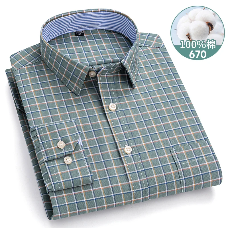Men's Long Sleeve Plaid Oxford Shirt - 100% Cotton, Regular Fit, Casual & Formal Wear