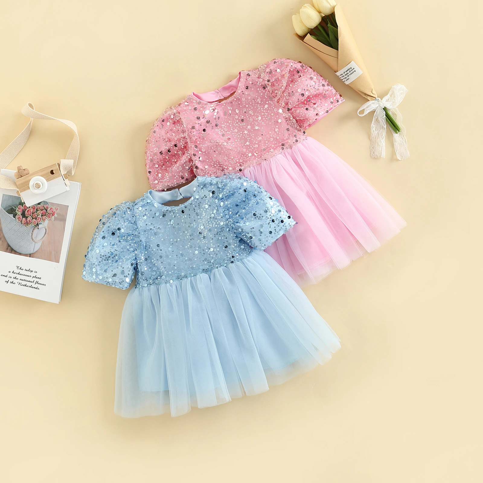 15years Kids Baby Party Dress Elegant Sequined Short Sleeve Princess