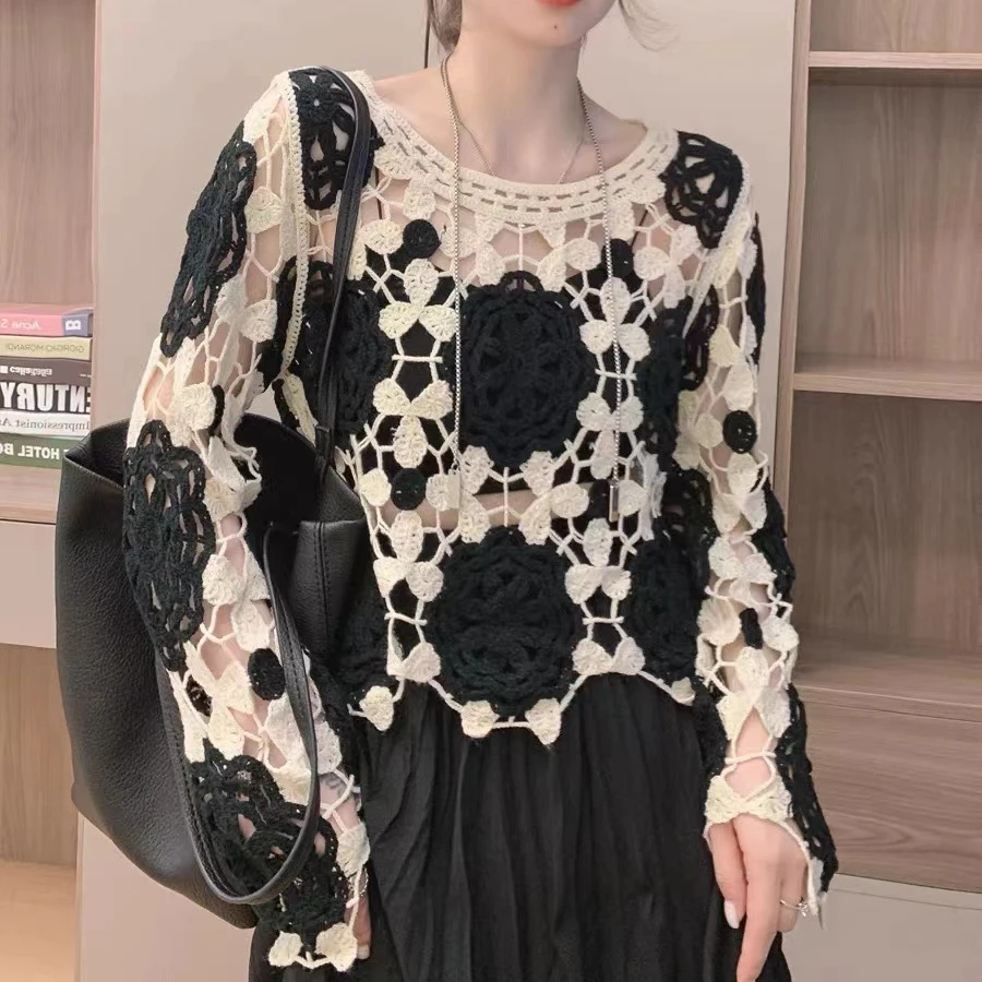 

Women's Spring Summer Floral Crochet Cover-ups Crop Tops Long Sleeve Crewneck Knitted Pullovers Hollow Out Smocks Tops