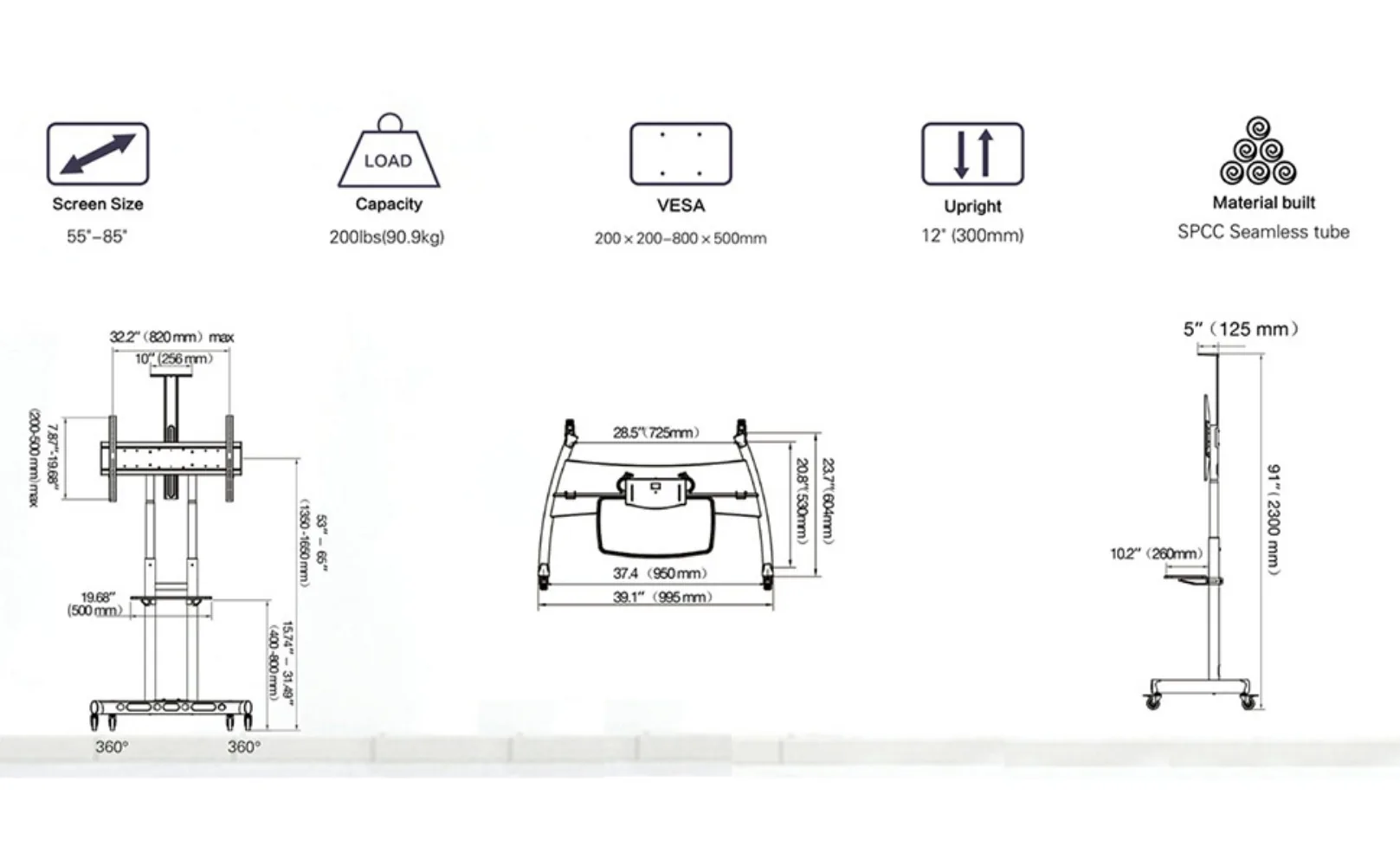 Description Picture 4 of itemNB North Bayou Mobile TV Cart TV Stand with Wheels for 55" - 85" Inch LCD LED OLED Plasma Flat Panel Screens up to 200lbs