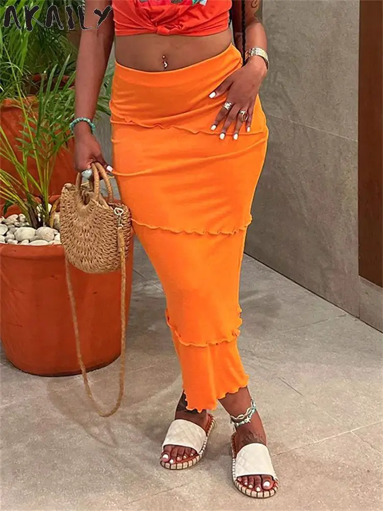 

Akaily Fashion Summer Black High Waist Maxi Skirts For Women 2023 Orange Streetwear Pencil Skirt Causal Vacation Wrap Long Skirt