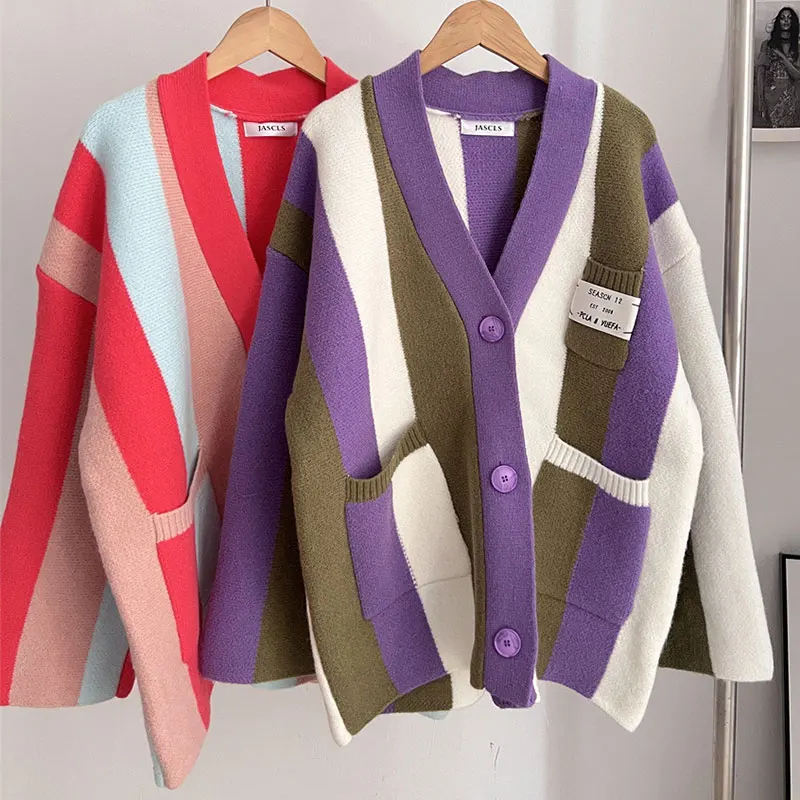 GACVGA 2025 Autumn Winter Striped Knitted Cardigan Women