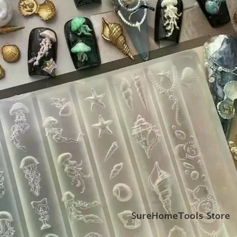 1pc Ocean Series 3D Silicone Nail Mold Jellyfish Starfish Carving Templates, DIY Manicure Design Tool for UV Gel Nail Art Decor
