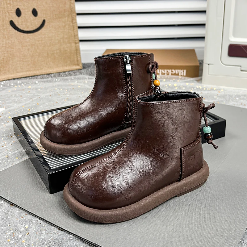 Leather Ankle Boots for Girls with Beaded Bow Non Slip