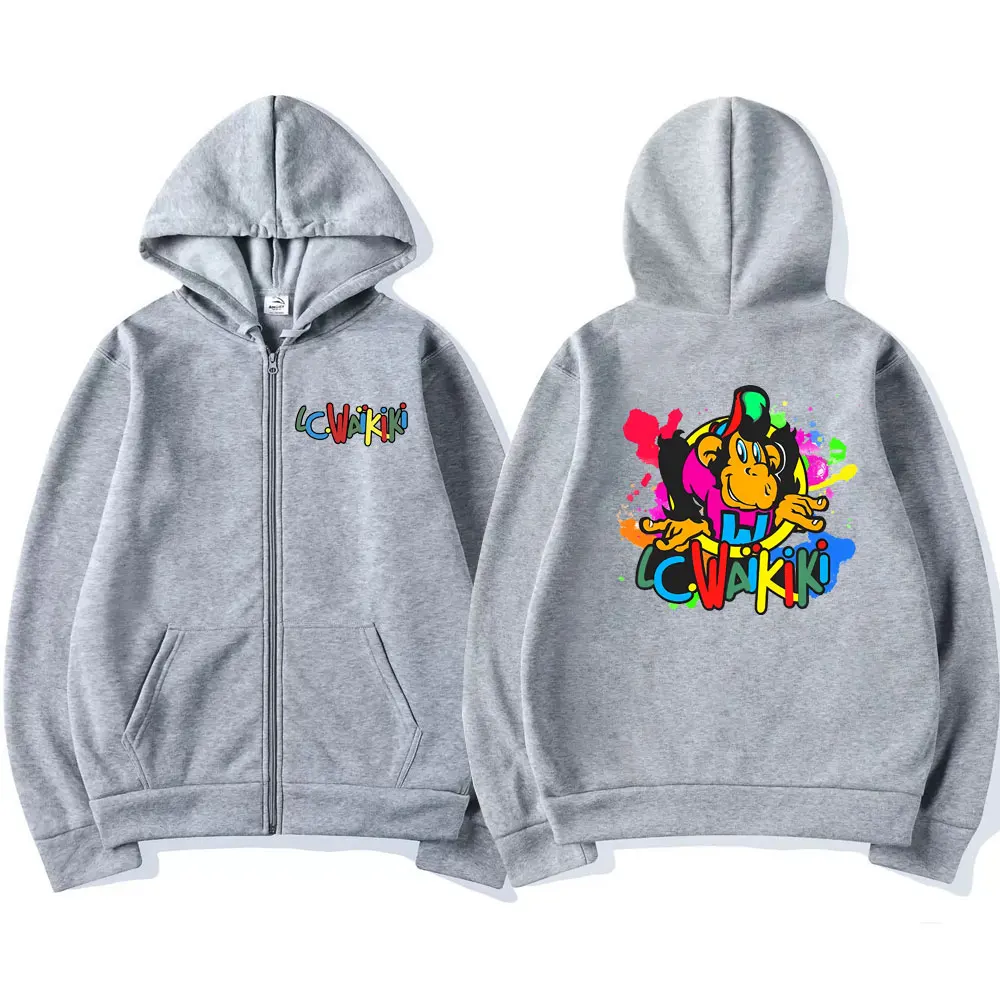 Lc Waikiki Monkey Graphic Zipper Hoodie Funny Men Women's Cartoon Monkeys Zip Up Jacket Male Fashion Oversized Sweatshirt Coat