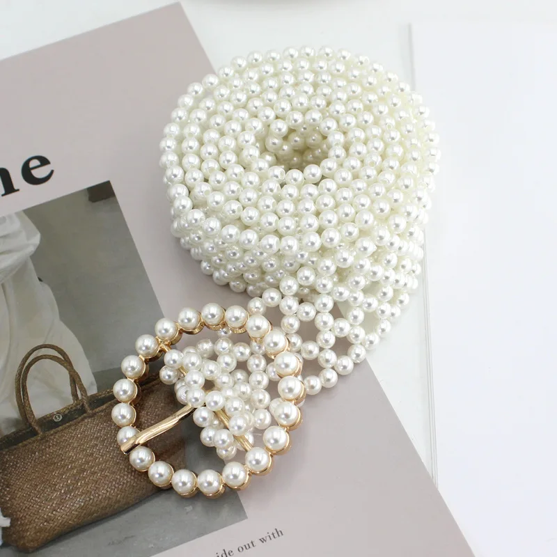 

Women Alloy Metal Pearl Bead Chain Waist Cover Belt Elastic Wide Waistband Dress Party Chic Buckle Corset Cummerbunds Accessory