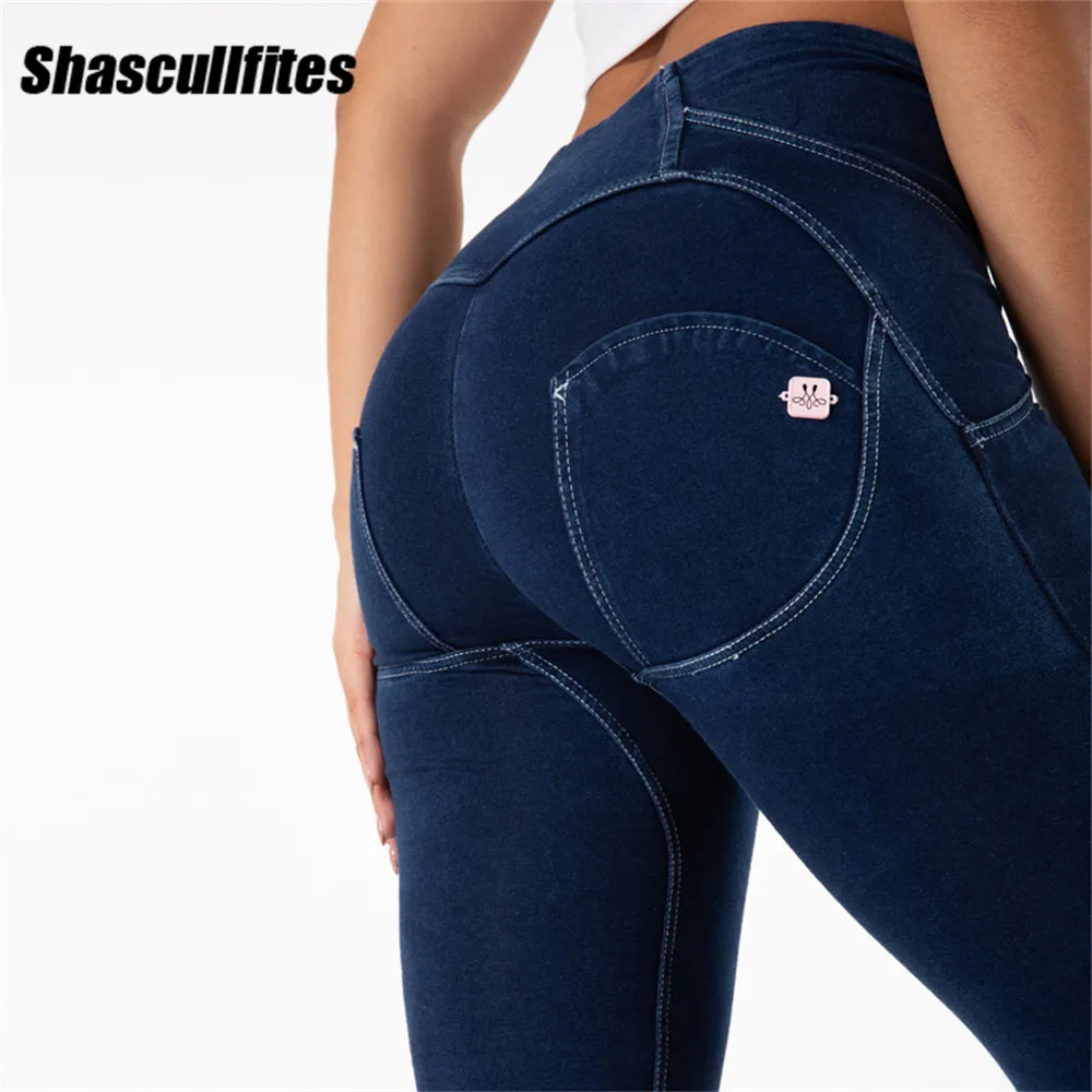 Shascullfites Gym And Shaping Denim Tight Sports Leggings Plus Size Sexy Workout Training Blue Elastic Pants With Buttons