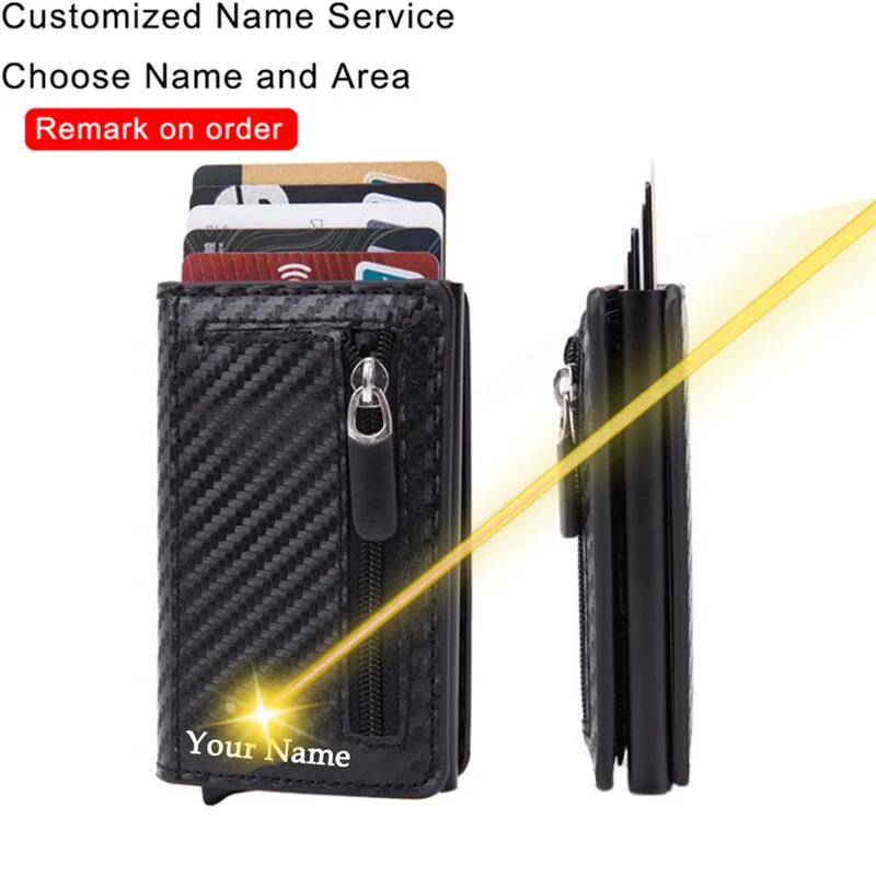 Name Carbon Fiber Card Holder Men Leather Zipper Wallet Aluminum Box Smart Wallet Anti-theft RFID CardHolder