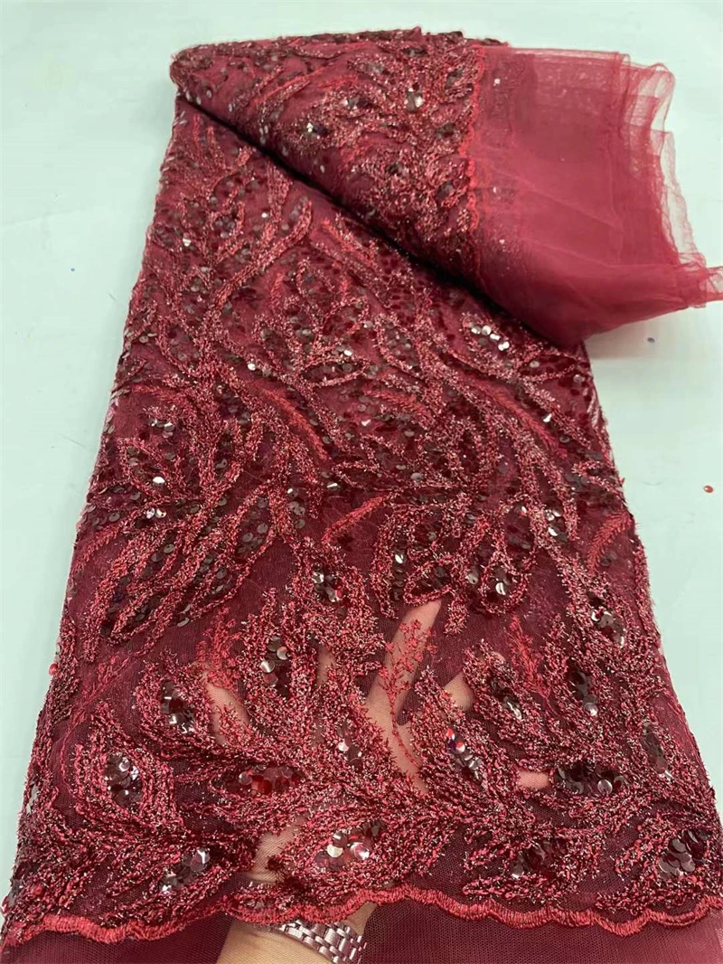 

African Lace Fabric with Sequins and Beaded Embroidery for Wedding, Nigerian Bridal Groom, French , High Quality, 5Yards, 2024