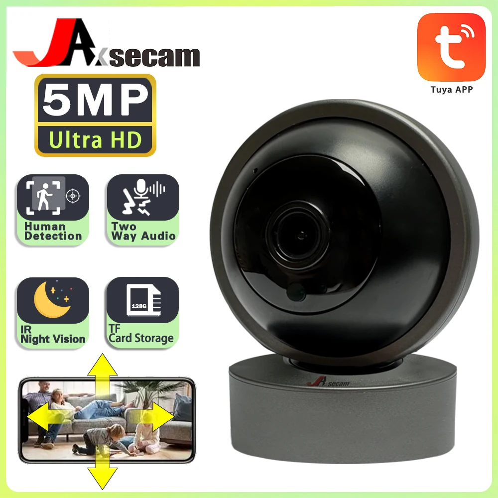 

Умная спасательная камера Tuya, 5 Мп, Wi-Fi, мониторинг через инфракрасную лампу, ночное видение, отслеживание на 360 °, PTZ, камера видеонаблюдения