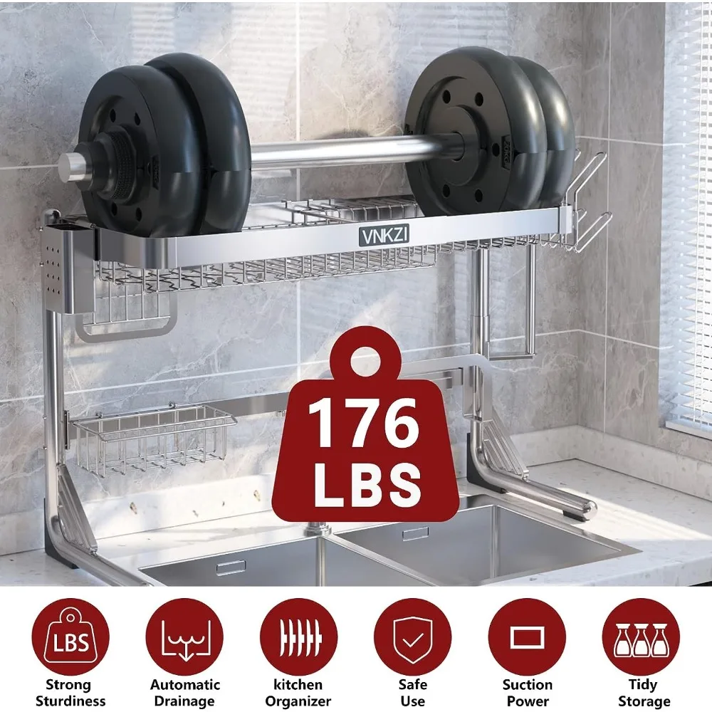 Over Sink Dish Drying Rack, 2 Tier Full Stainless Steel Storage Adjustable  Kitchen Rack, Multifunctional Expandable 4