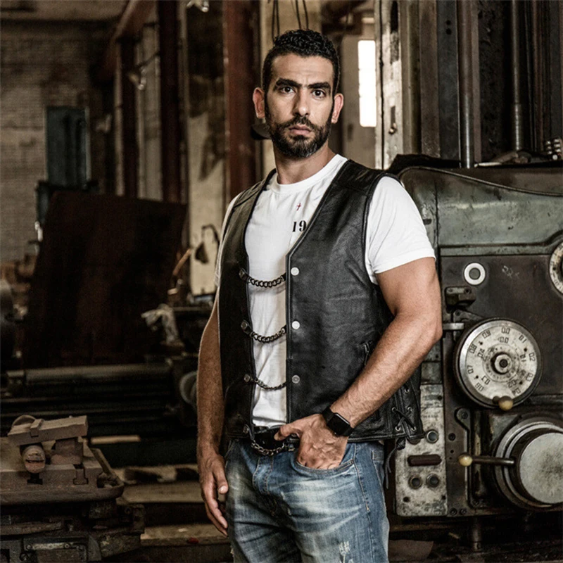 

Men's Motorcycle Riding Adjustable Personality Leisure Detachable Chain Genuine Leather Waistcoat Jacket Cowhide Vest