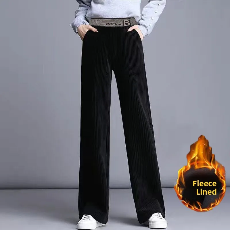 Thiened Fce Lined Corduroy Wide Leg Pants Women Casual Trousers Autumn Winter New Sle plus Size Loose Straight Cut Pants