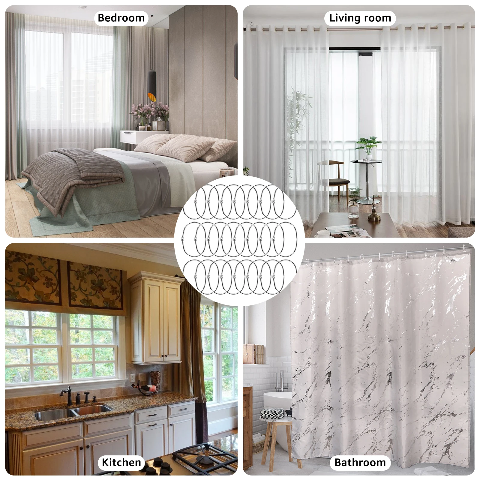 Metal Shower Curtain Rings Rust Proof Iron Shower Curtain Track Hooks Oval Rings Multipurpose Snap Joint 24Pcs curtain accessories shower curtain hooks