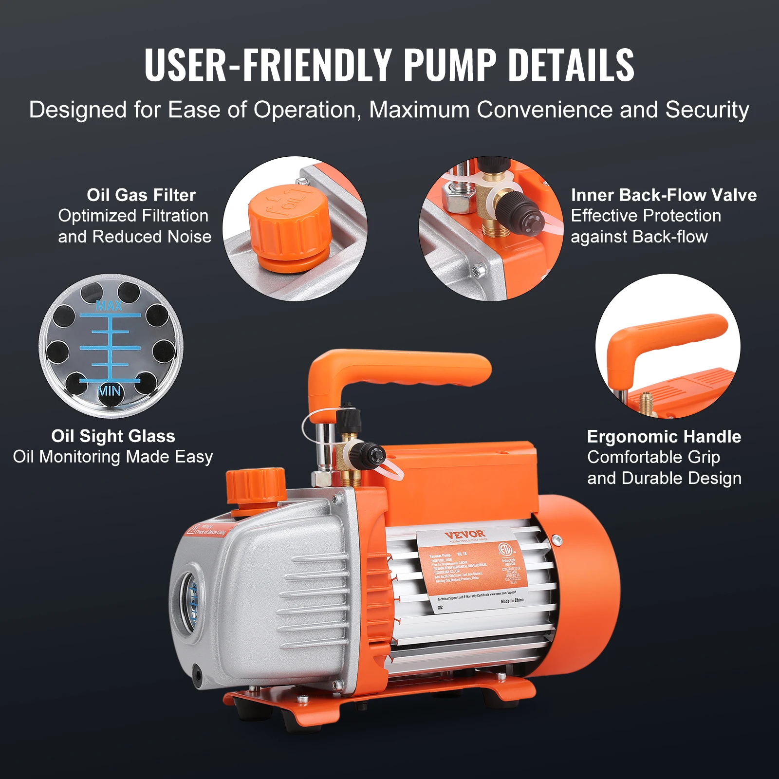 VEVOR 4.5 CFM Vacuum Pump – Single-Stage, 5 Pa Ultimate Vacuum – For HVAC, AC Repair, Refrigeration & More