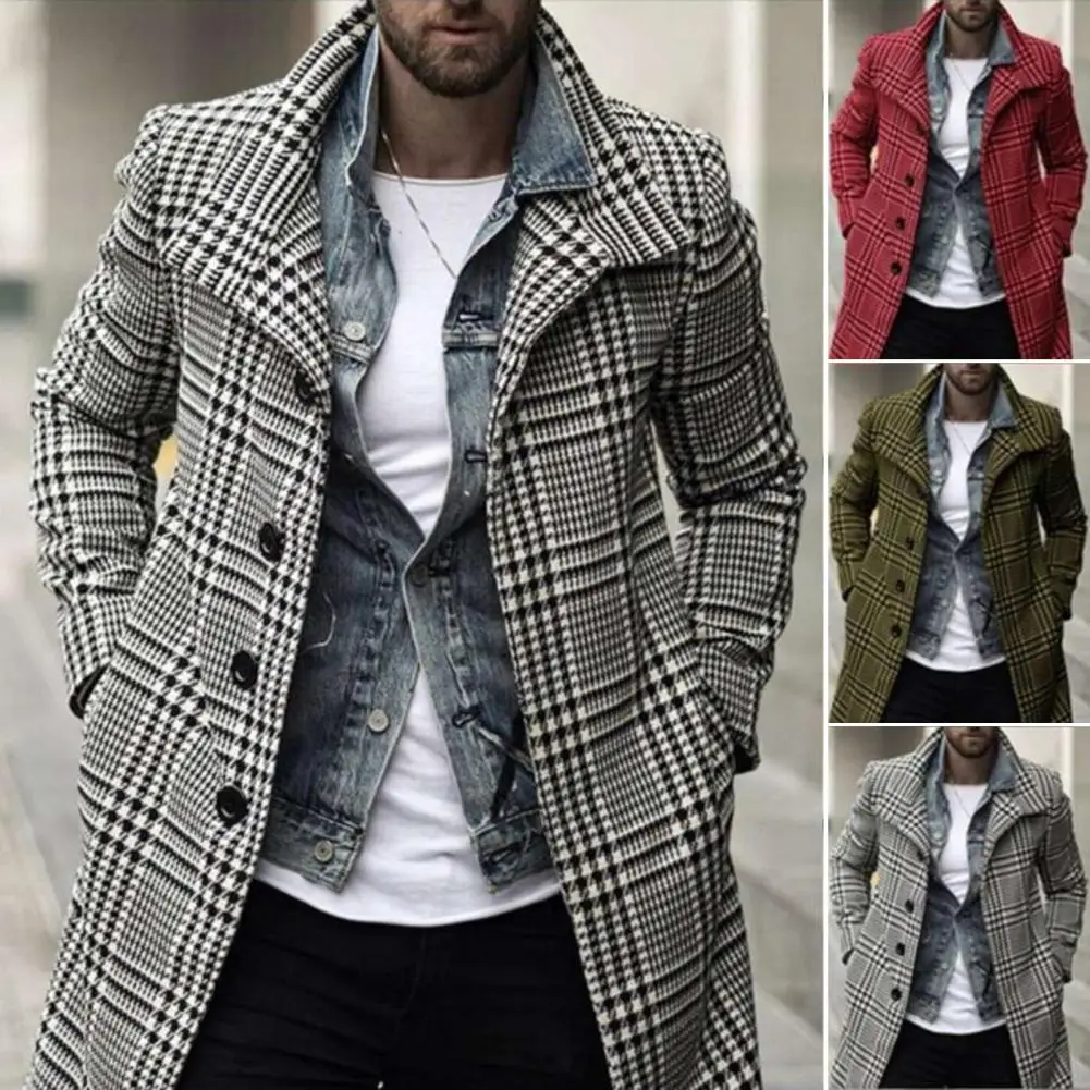 Trench Coat Casual Men Jacket Men Windbreaker Washable Checkered Single Breasted Medium Length Super Soft Men Trench Coat for Daily Wear