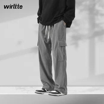 남성용 캐주얼 단색 와이드 레그 바지, 코듀로이 포켓, 하이 스트리트, 긴 바지, 패션 조거 바지, 운동복 남성 의류