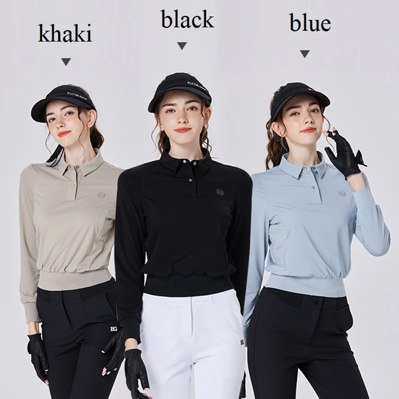 Blktee Golf Wear Women Slim Waist Long Sleeve Short T-Shirt Turn Down Collar Casual Tops Ladies Pullover Autumn Golf Apparel