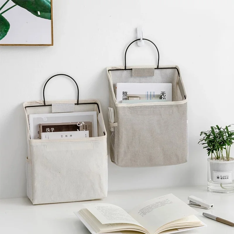 1Pcs Wall Mounted Storage Bag Fabric Hanging Basket Bedroom Organizer Bag Book Magazines Phone Holder Hook 4