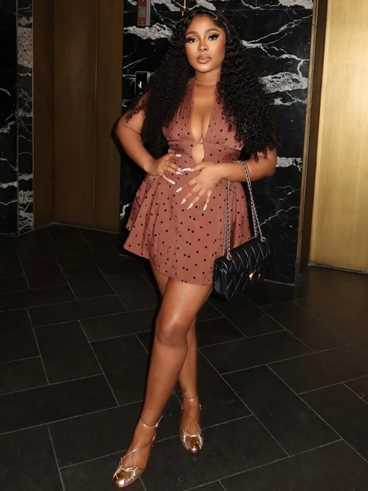 Wmstar Dress Women Wholesale Fashionable Woman Wear Printed Figure Hugging Polka Dot A Line Dress with Pleated Lace Up V Neck