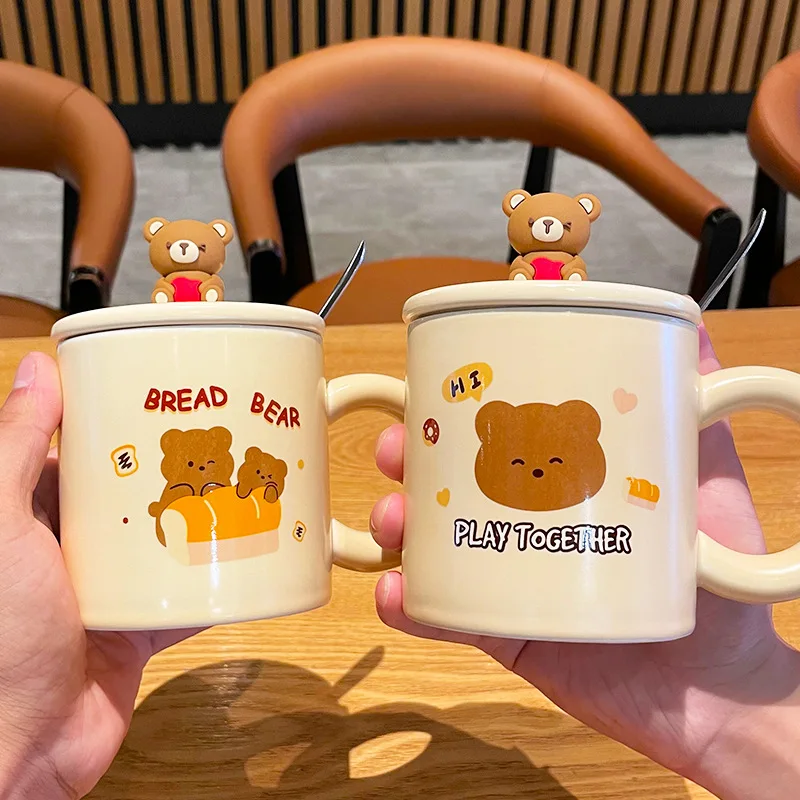 

Bread Bear Ceramic Cup High Color Value Cartoon Cute Mug With Lid Spoon Household Breakfast Milk Cup