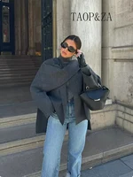 Fashion Scarf Collar Woolen Blends Jackets Women Elegant Long Sleeve Split Hem Loose Short Coats Fashion Autumn Lady Outerwear 1