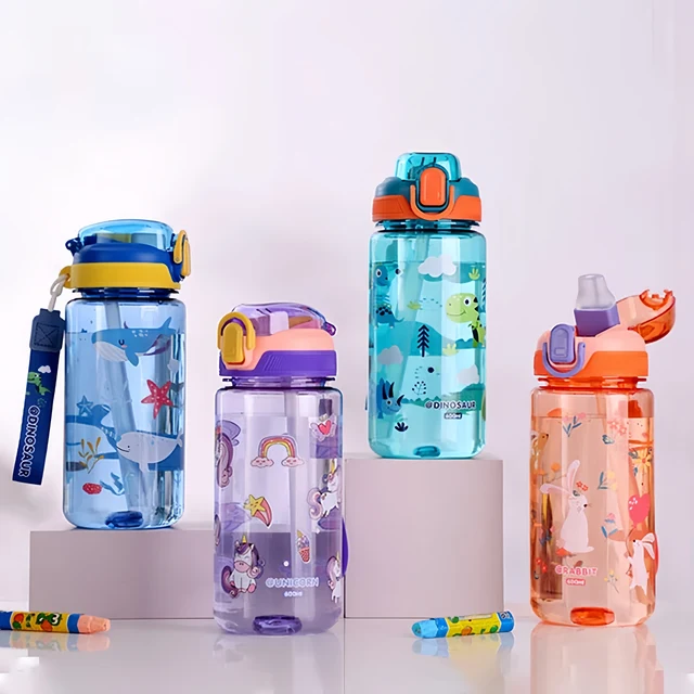 600ml Dinosaur Water Bottle For Kids Water Sippy Cup With Silicone Straw Leakproof Plastic Water Bottles Summer Kids Water Cup 4