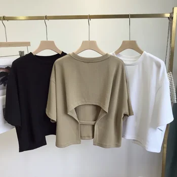 Summer New Ladies Casual Backless T-Shirt 2023 Korean Women Round Neck Loose Sweet Spicy Wind Short-Sleeved Crop Tops 1