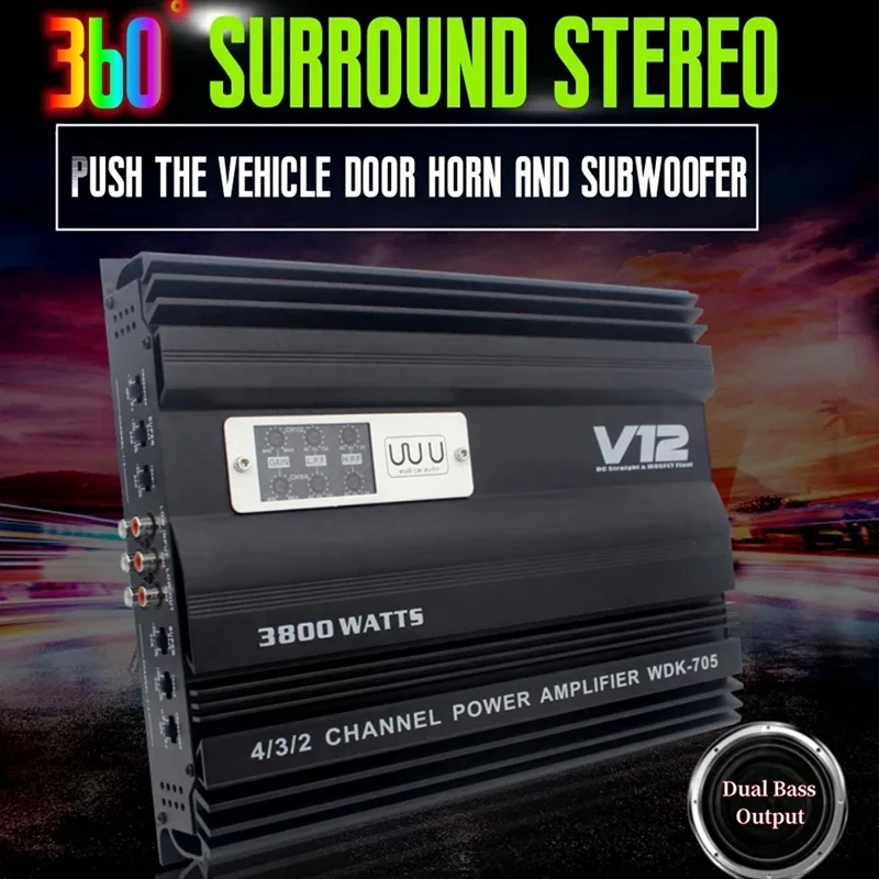 

12V 3800W Car Audio Amplifier Subwoofer Amplifier High Power Dual Bass Output Cart 4 Channel Audio Speaker