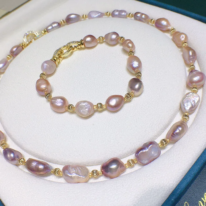 Natural 10-11mm pink purple Freshwater Pearl Necklace Women's Versatile Baroque Bracelet Set Purple Large Particles with Shape