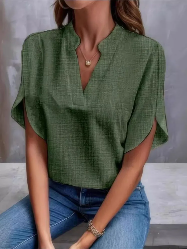 Summer Elegant Women\'s Blouse New V-neck Short Sleeve Solid Color Loose Shirt Casual Tops 2024 Office Lady Blouses