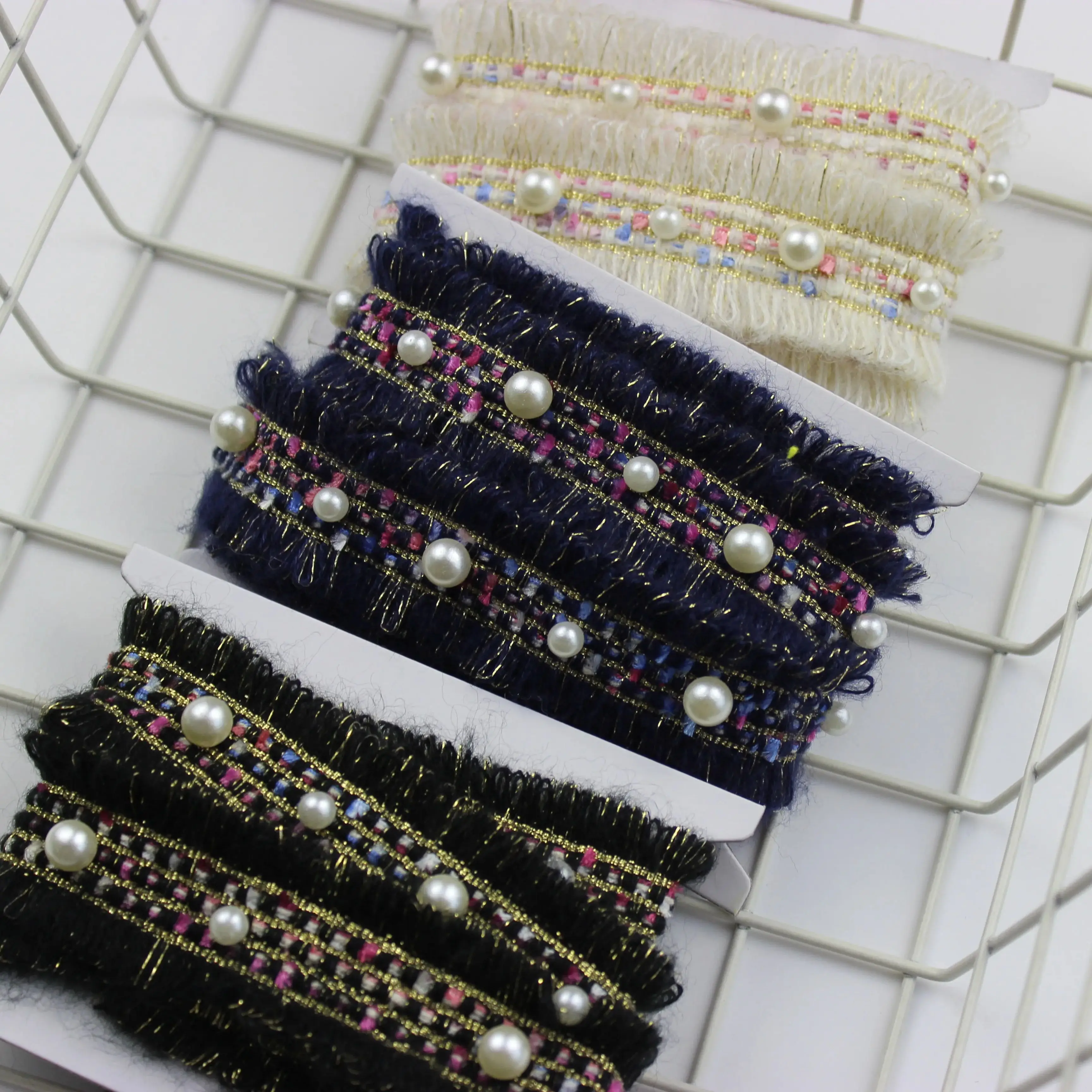 1 Yard Beaded Tweed Trim 3cm Gold Pearl Lace Sewing Trim Ribbon Fabric Handmade DIY Costume Dress Sewing Supplies Craft