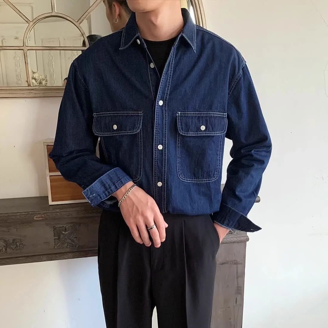 American Vintage Men's Denim Shirt Safari Style Double Pocket Lapel Long Sleeve Top Spring Autumn Fashion Streetwear Shirts Male