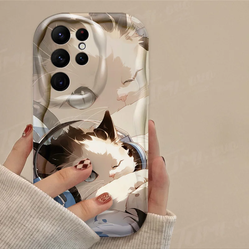 Lovely Music Cat 3D Wave Case For Samsung Galaxy S24 Ultra S23 S22 Plus S21 S20 FE A25 A55 A35 5G Shockproof Silicone Back Cover_voghion.com