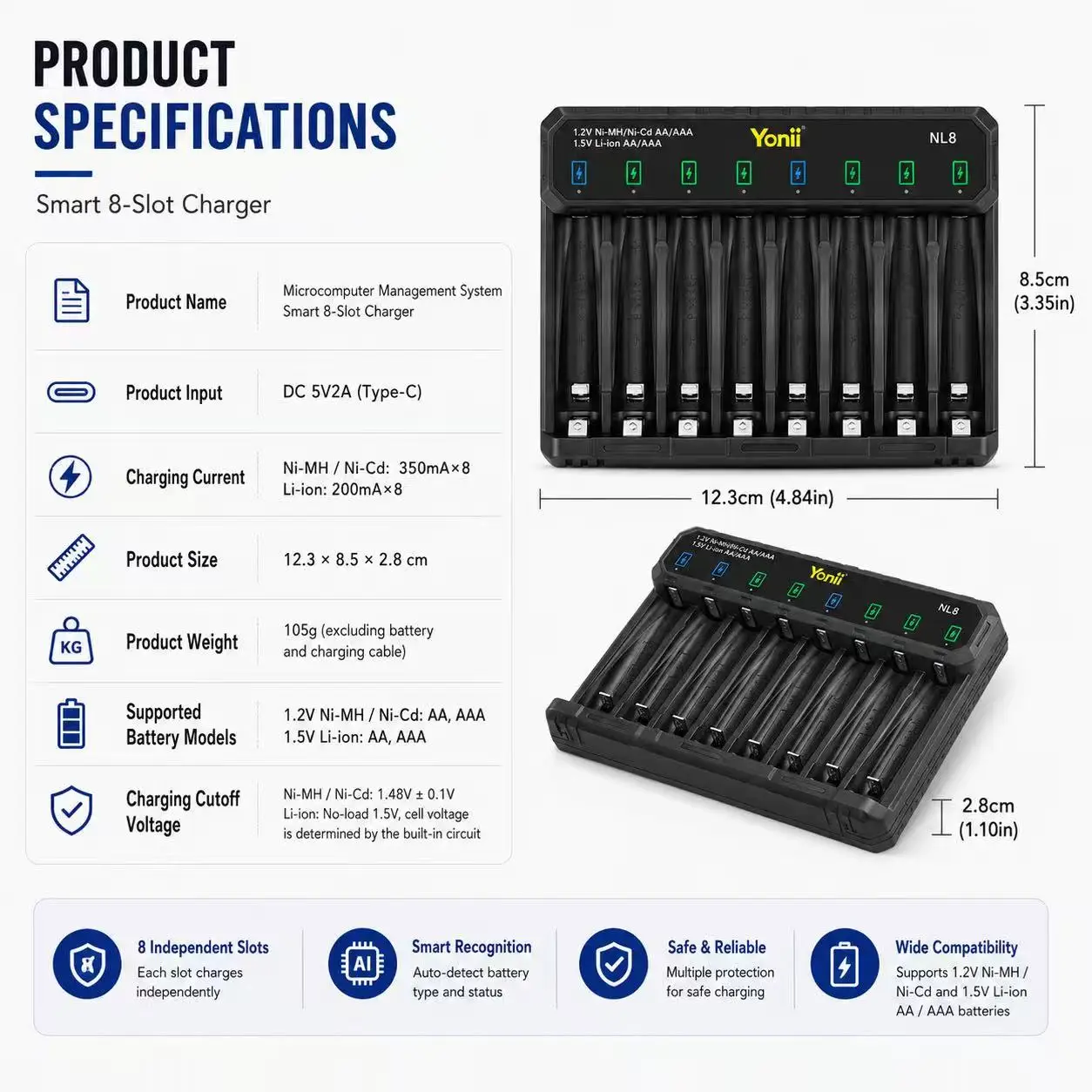 Chargeur de batteries drone 8 emplacements indépendants ouvert montrant les connecteurs pour batteries AA/AAA