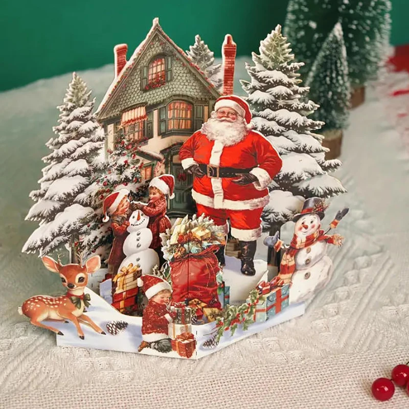 Description Picture 4 of item3D Christmas Card Night Before Christmas Scene With Santa, Reindeer, Snowy Village & Moonlit Sky Festive Holiday Greeting Card F