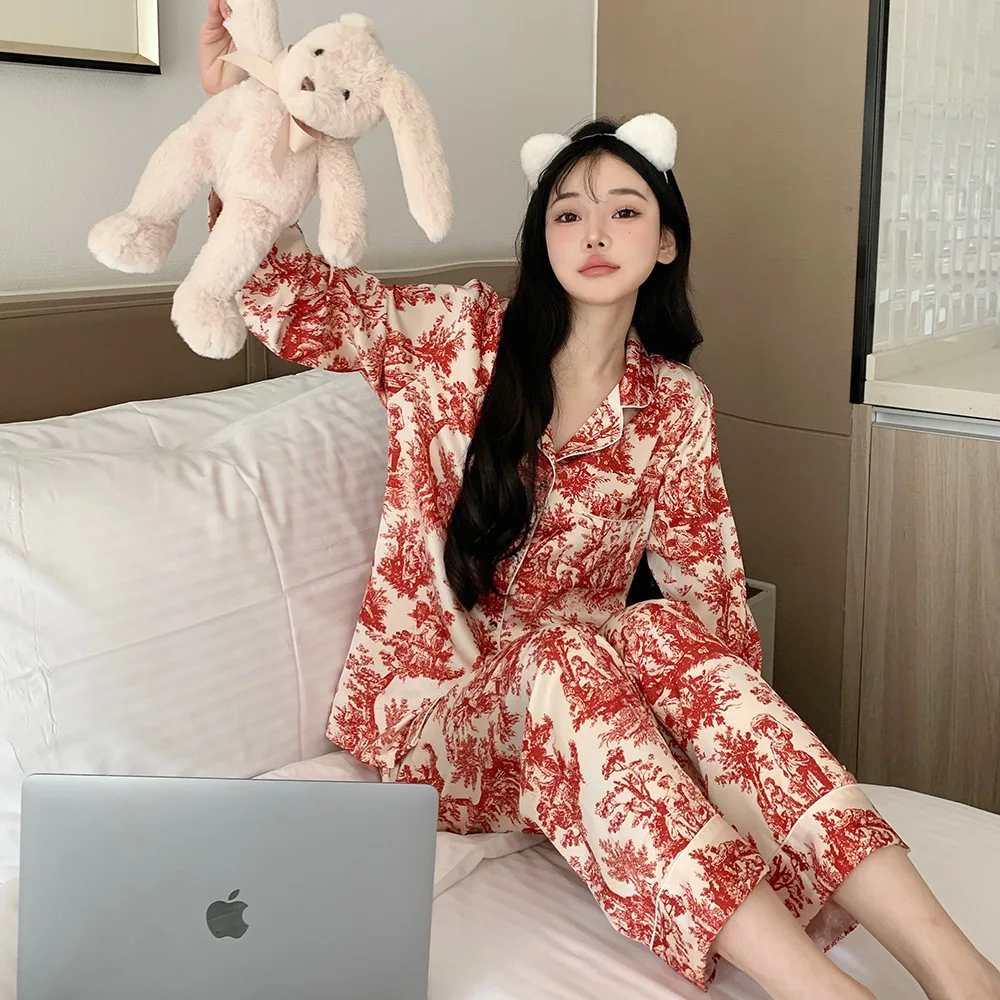 빨간색 세트 여성복 빨간색 아이스 실크 얇은 긴팔 여성 세트 여성복 봄 여름 여성용 세트 여성복 빨간색 세트