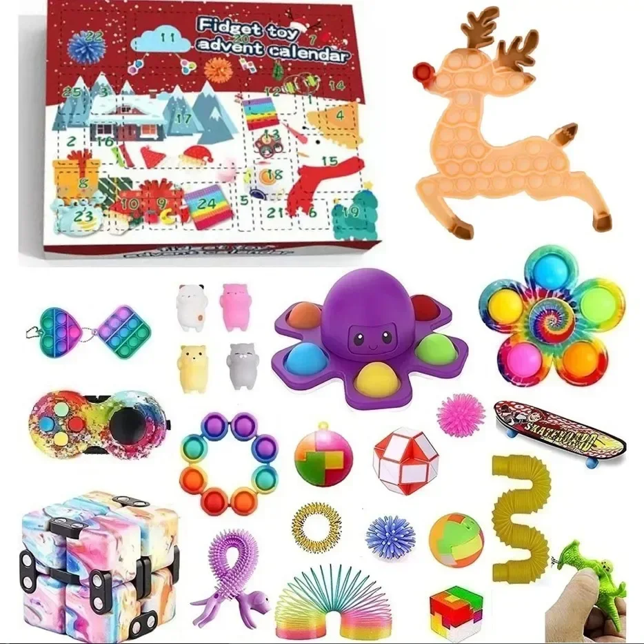 Calendario de Adviento de Navidad de 24 días, kit de juguetes antiestrés, juguetes blandos para apretar y aliviar el estrés, juguetes para niños con forma de árbol de Navidad