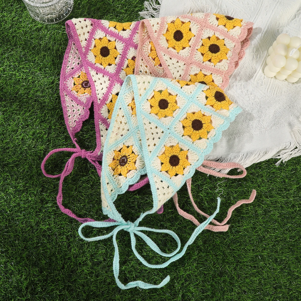 Knitted Sunflower Triangle Scarf Bandana Headbands For Women Flower Crochet Beach Holiday Travel Hair Bands Turban Kerchief