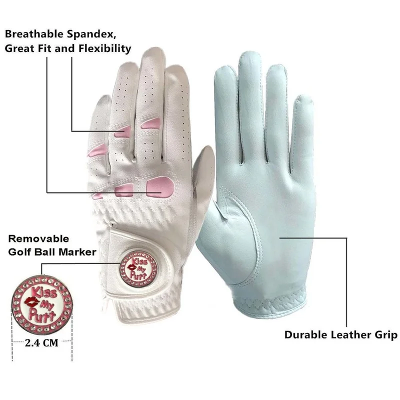 2 Pcs Cabretta Leather Golf Gloves Women with Bling Ball Marker Extra Grip Left Right Hand Pink Fit Ladies Girls Golfer 3