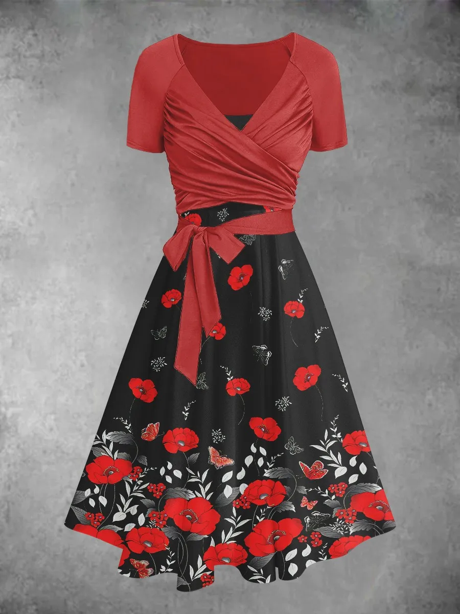 

Women's Floral Print Casual Print Two Piece Dress Summer Casual Slim V-Neck Women's Small Fresh Split A-Line Skirt