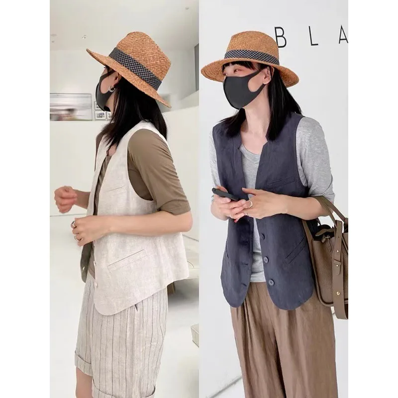 Casual Vintage Button Cotton Linen Vests Fashion Versatile Patchwork Single-breasted Cardigan Vestidos De Verano Para Mujer 2023