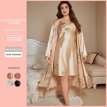 2 قطعة جديد طويل المرأة بيجامة مجموعات تقليد الحرير النوم و رداء مثير رقيقة الإناث صالة الصيف التبريد رداء حجم كبير XL-5XL 3