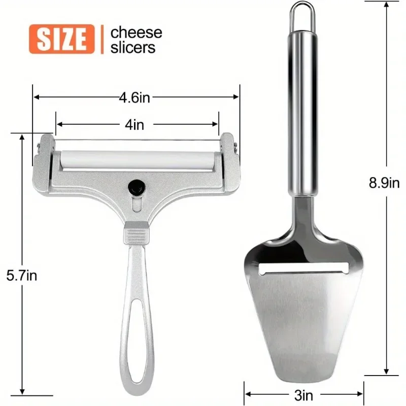 2 Pieces Stainless Steel Wire Cheese Slicer with Cheese Planer, Adjustable Thickness, Kitchen Cooking Tools, Gray